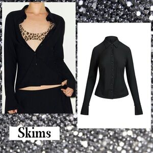 Skims Cling Matte Long Sleeve Button Up Top Obsidian